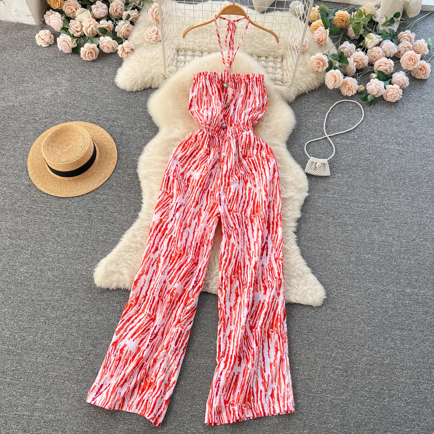 

Spring Summer New Sle Tie Dye ter Ne Wide Leg Jumpsuit Travel Faion Chiffon Drapey Ne Hanging Long Pants Women