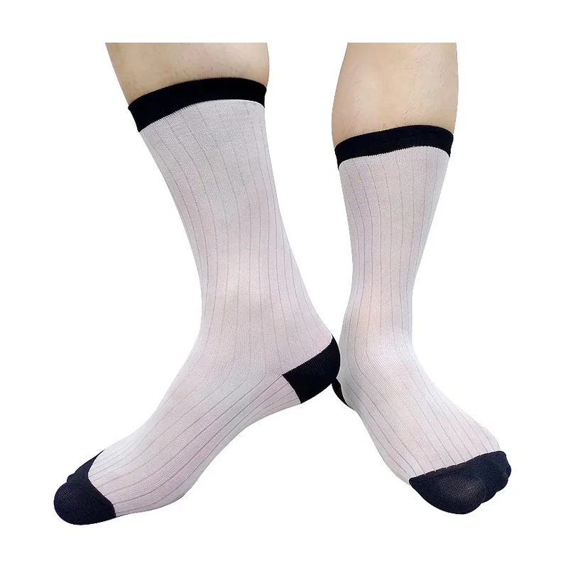 

Тонкие прозрачные мужские полосатые носки, прозрачные цветные лоскутные деловые классические костюмы, деловые носки, сексуальные чулки с высоким шлангом до икры