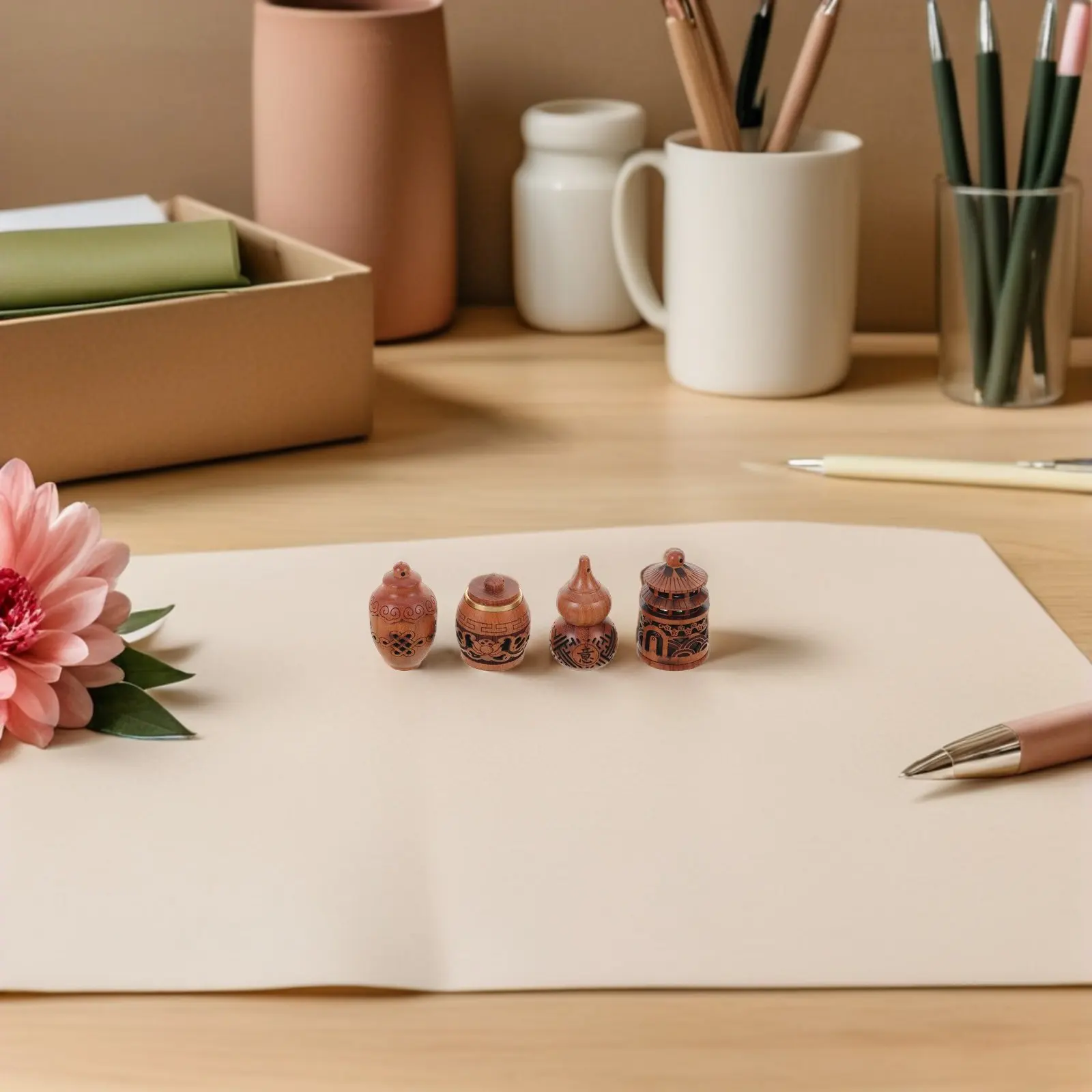 

4Pcs Wooden Hollowed Carved Diffuser Cage Pendants Chinese Blessing Ornamental Essential Oil Keychain Charm Car Fragrance