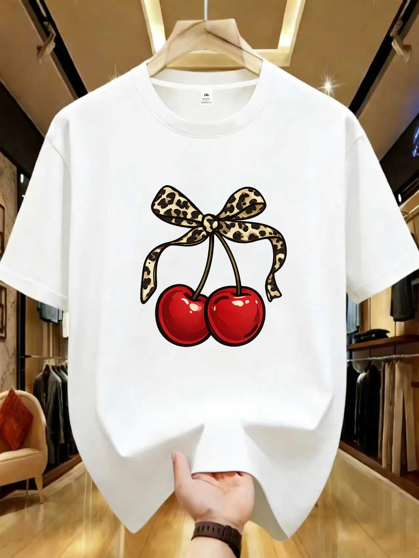 

【WDS01340】Leopard Print Bow Cherry Graphic Plus Size Women's Printed Crew Neck T-Shirt Summer Casual Short Sleeve Street Style