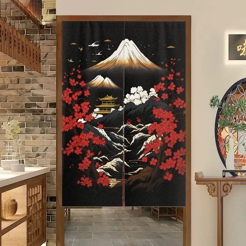 VIKAMA Mount Fuji Cherry Blossom Noren Door Curtain Japanese Ukiyo-e Mountain Pavilion Partition Curtain Restaurant Home Decor
