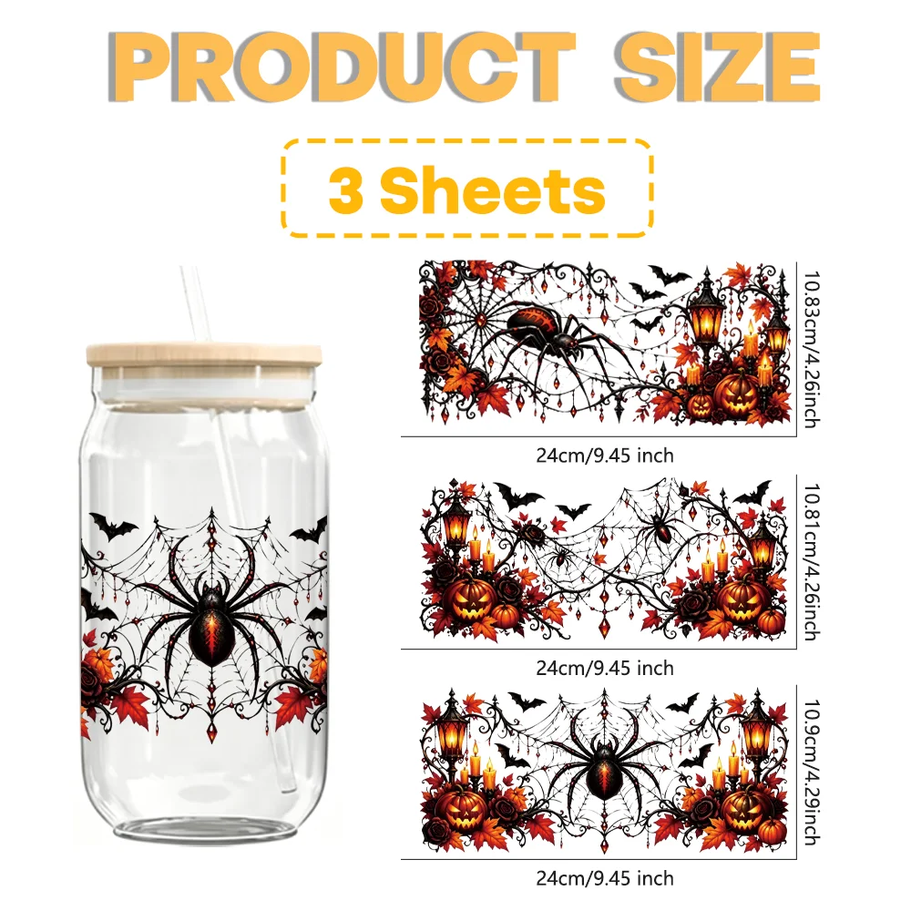3PCS Halloween Decor UV DTF Crystal Label Stickers. DIY transfer decals suitable for tumblers, notebooks,laptops and phone cases