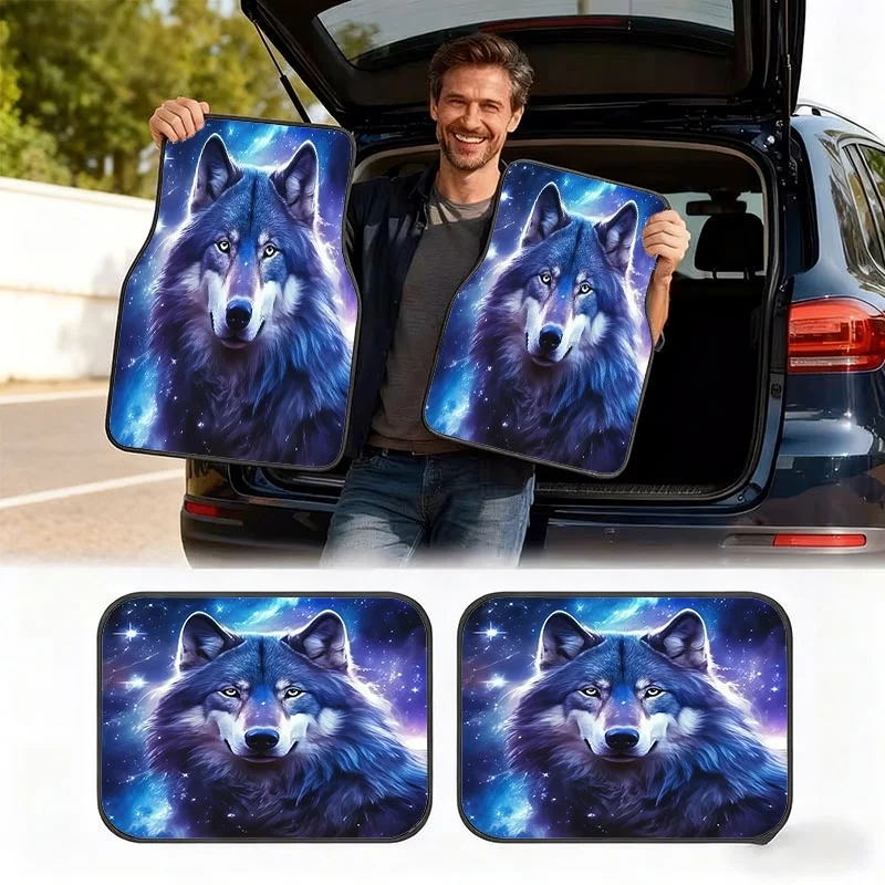 1pc/2pcs/4pcs/5pcs Car Floor Mats & Trunk Liners, Multiple Specifications,, Boho Vintage Minimalist Style, Blue Wolf Cosmic Desi