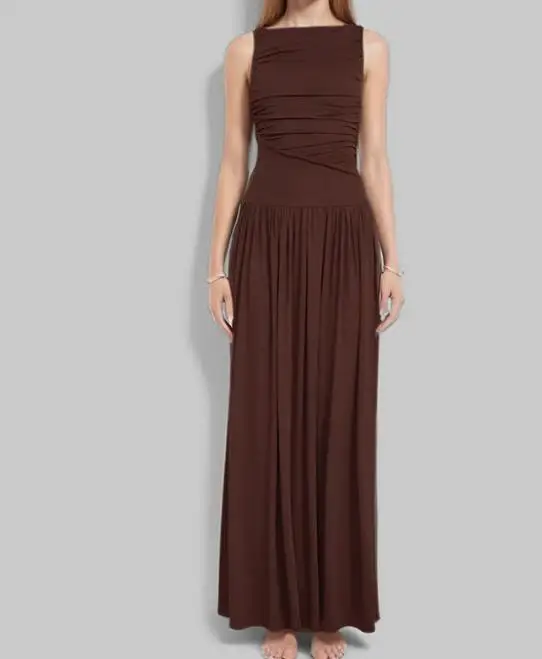 

Women Dresses 2026 Spring New Fashionable Elegant Solid Color Round Neck Sleeveless Slim Fit Pleated Temperament Long Dress
