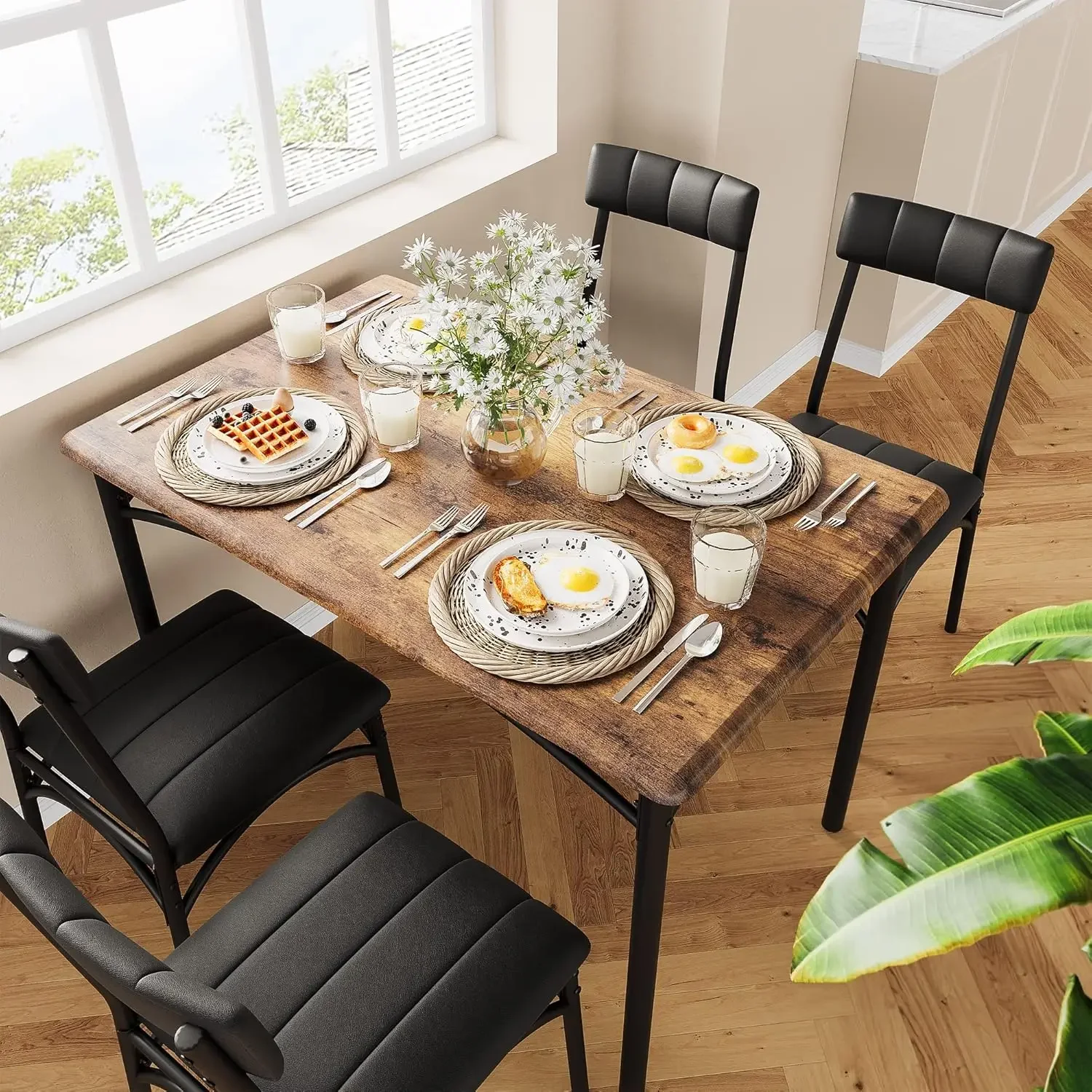 Kitchen Table and Chairs, Dining Room Table Set for 4 with Upholstered Chairs, Metal and Wood Rectangular Dining Table