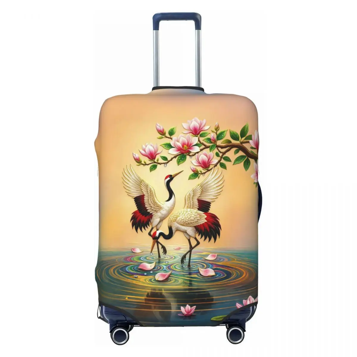 

Custom Double Crane Magnolia Lotus Lake Sunset Oriental Luggage Cover Protector Fashion Travel Suitcase Covers for 18-32 Inch