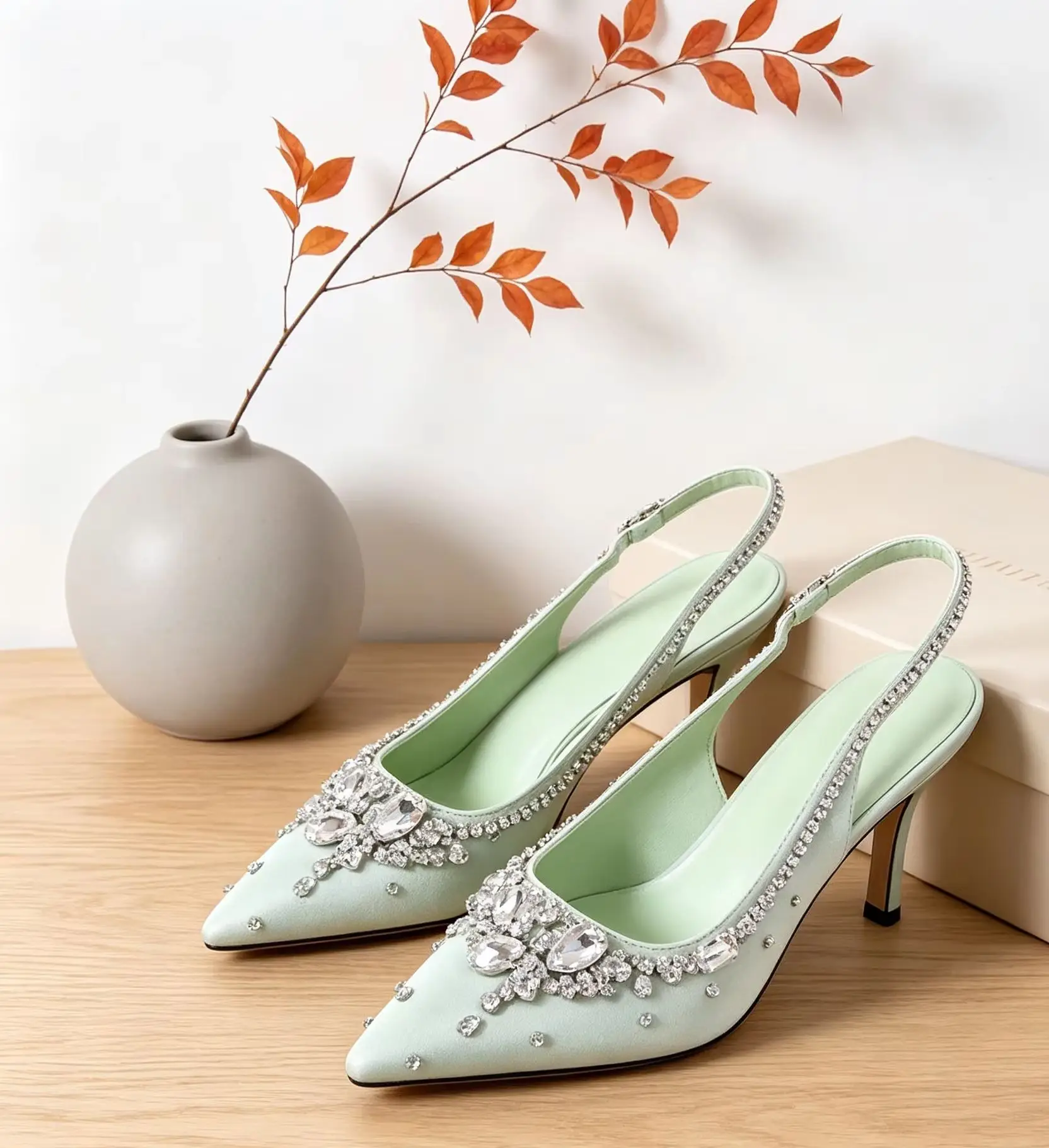 Rhinestone Cluster Light Green Satin Women Pointed Toe Slingback Stiletto High Heels Pumps Sandals Summer Fashion Backless Shoes