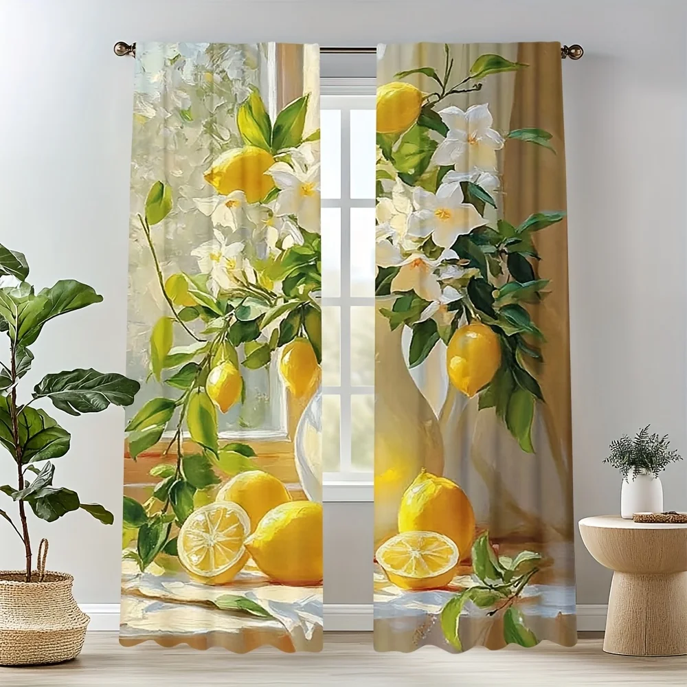 2pc Vintage lemon and white flower print curtains polyester fabric machine washable, suitable for bedroom living room decoration