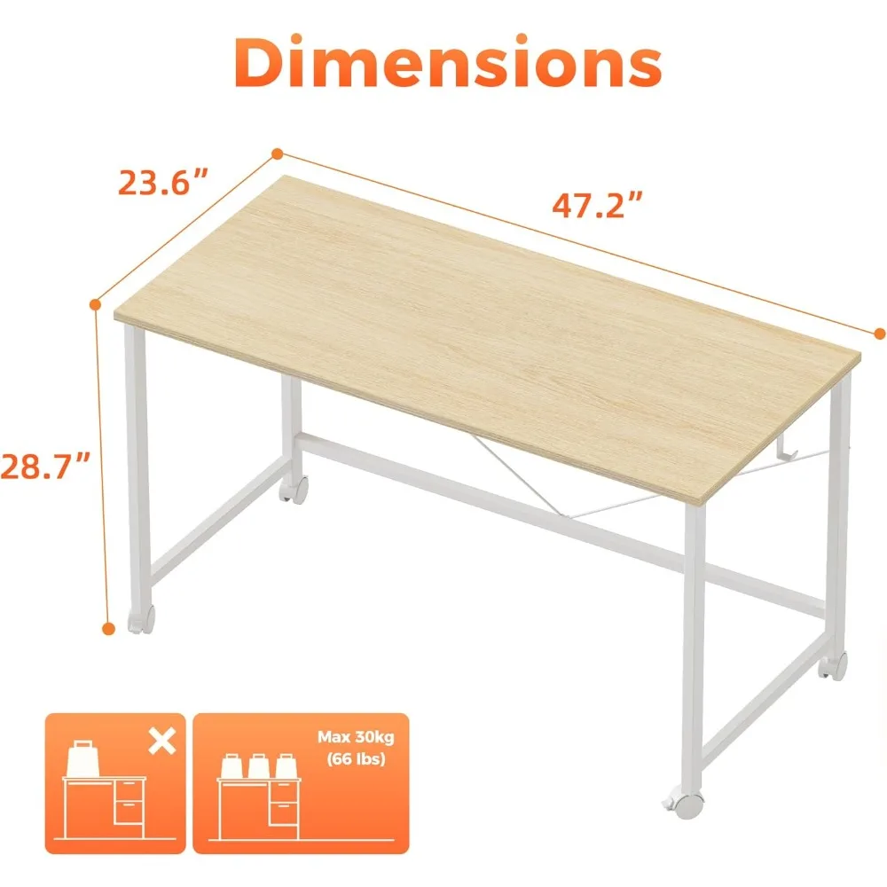 Gaming Computer Desk 48 x 24 with Wheels for Small Spaces, Modern Style Home Office Study Table