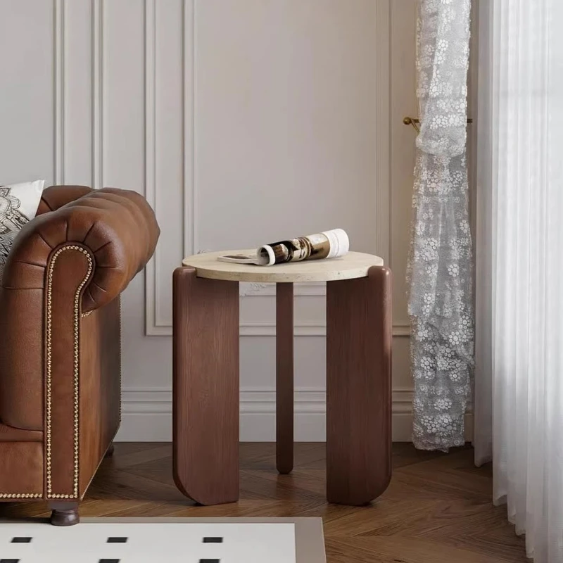 

Wabi-Sabi Style Sofa Side Table Retro Stone End Table Medieval Solid Wood Round Accent Table Bedroom Nightstand for Living Room