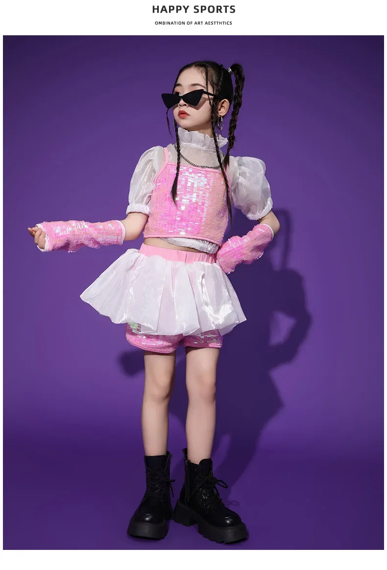 Pailletten-Jazz-Tanzset für Mädchen, Hip-Hop-Bühnenoutfit, Laufsteg-Show-Kostüm mit Glitzer für Kinder und Teenager, Tanzwettbewerbskleidung – Detail 4