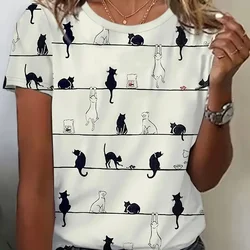 2024 Mode Top Dames Ronde Hals Korte Mouw T-Shirt Bedrukt Schattig Kitten T-Shirt Oversized Dames Mode Ademend T-Shirt