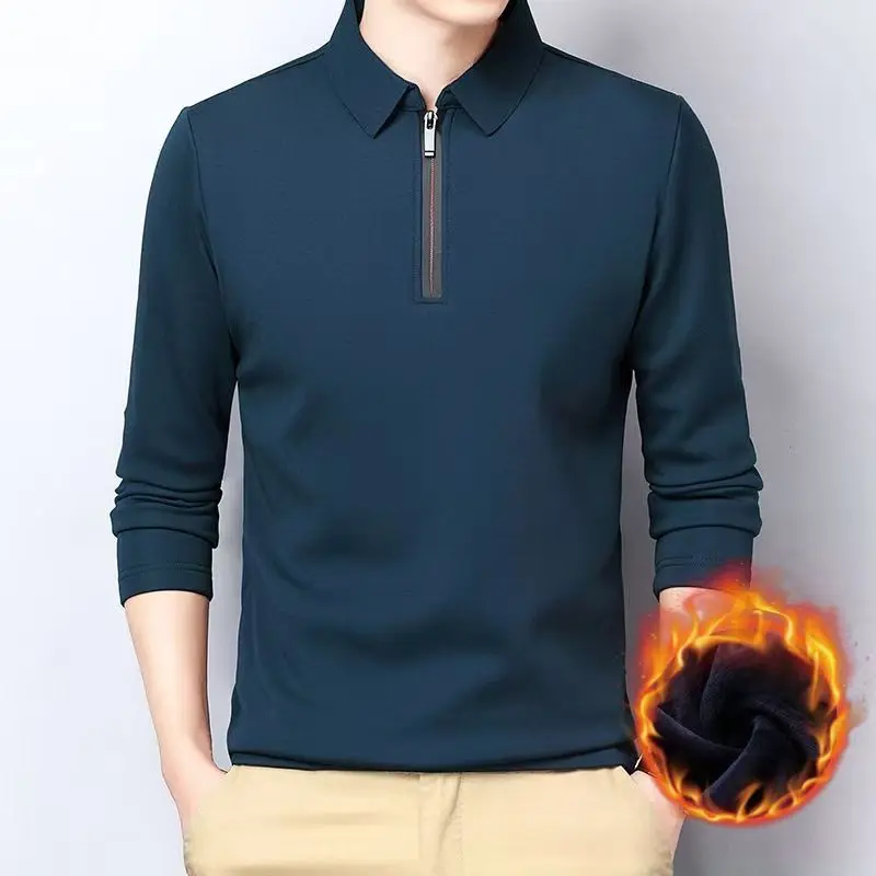 موضة التلبيب بلون الخريف الشتاء الرجال قميص بولو سستة زائد الصوف رشاقته الحرارية طويلة الأكمام Normcore الحد الأدنى القمم #2