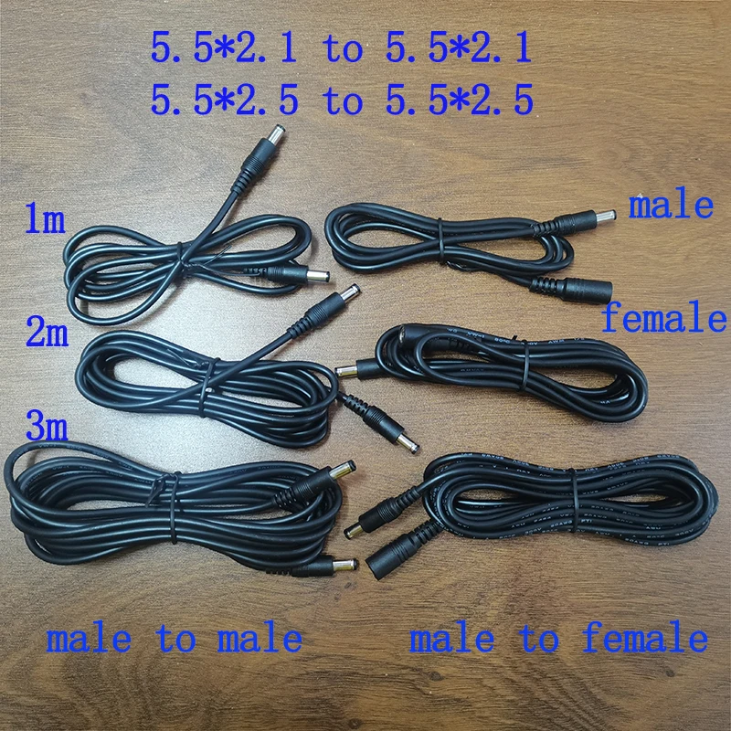 1PC 5.5X2.1/2.5 5.5*2.1/2.5 Male to Male Female DC Plug with 20AWG Copper Wire 1M 2M 3M Long 5525 5521 DC Socket Connect