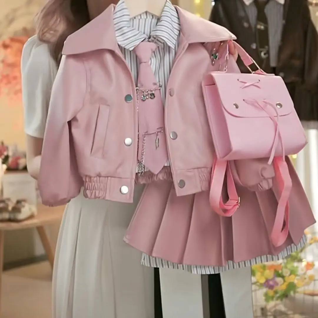 

Winter 2-piece Set for Girls Warm Lapel Solid Leather Top + Solid Leather Pleated Skirt Kids Clothes Girls Toddler Girl Clothes