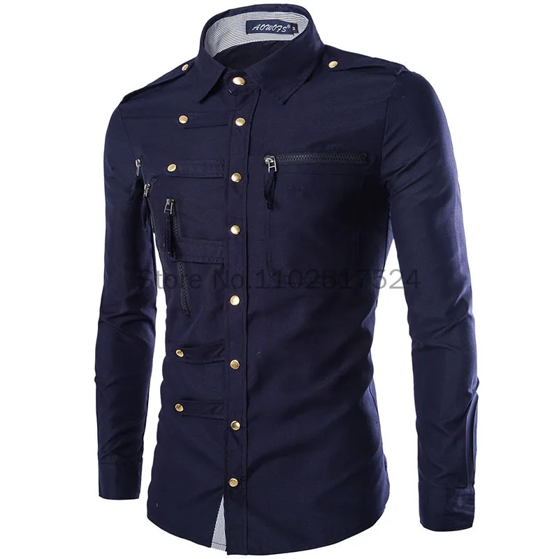 2023 New Spring/Autumn Men Long Sleeve Cargo Shirt Casual Slim Fit Fashion Epaulet Double Pocket Mens Dress Shirt M L XL XXL