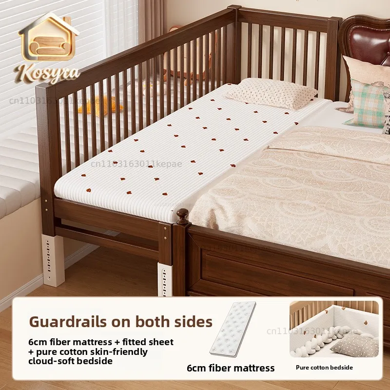 

Walnut beech splicing bed with guardrail baby splicing big bed widened baby small solid wood bedside bed