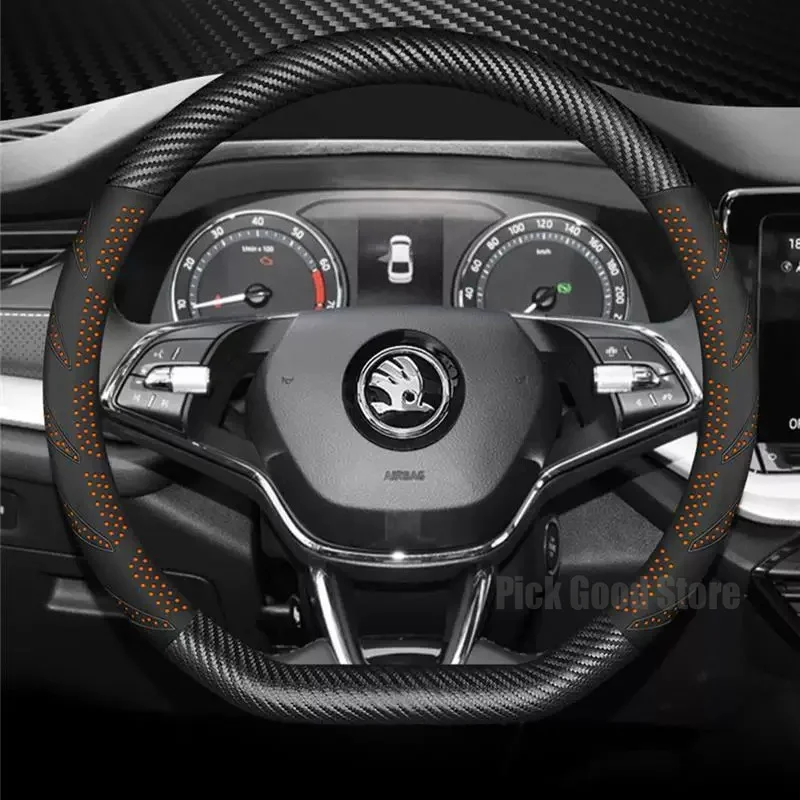 Leather Car Steering Wheel Cover For Skoda VRS Octavia Rapid Superb Kodiaq Fabia 2024-2026 Anti Slip Breathable Car Accessories