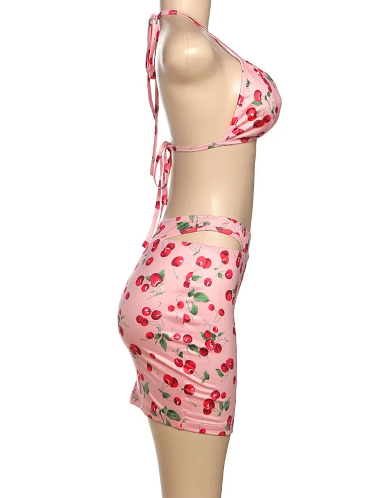 

kliou Sweet Fruit Print Women 3 Piece Set Sexy Hot Beach Swim Outfits Summer Holiday Trend Bandage Bikini Set+Skinny Hip Skirts