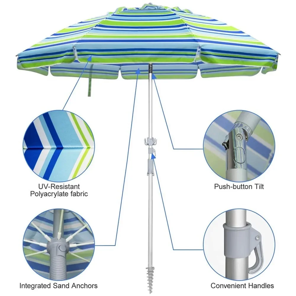 Portable 2.2m Outdoor Beach Umbrella Aluminum Frame Blue‑White Stripe Sun Shade Tilt Adjustable Anti‑UV Beach Sun Parasol