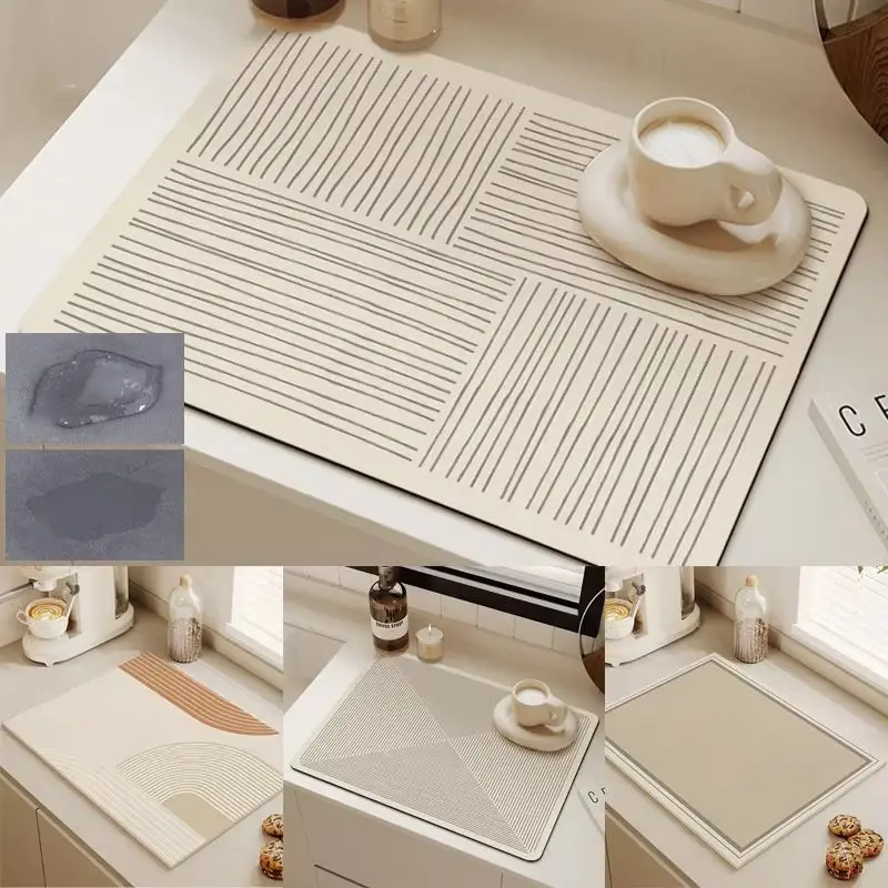 VIKAMA Wabi Sabi Linear Line Diatom Dish Mat Super Absorbent Non Slip Coffee Bar Quick Dry Counter Drain Pad Kitchen Accessories