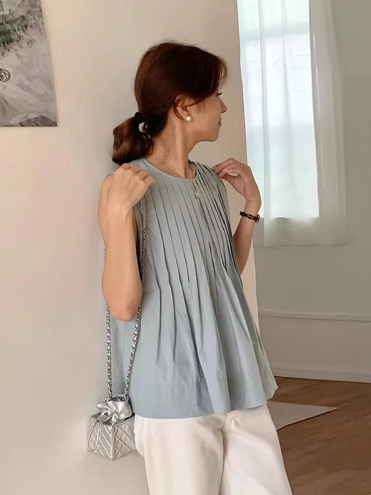 O-neck Pleated Shirts & Blouses Sleeveless Blusas 2024 New Trendy Unique Camisas Loose All Match Ropa Mujer Summer Tops