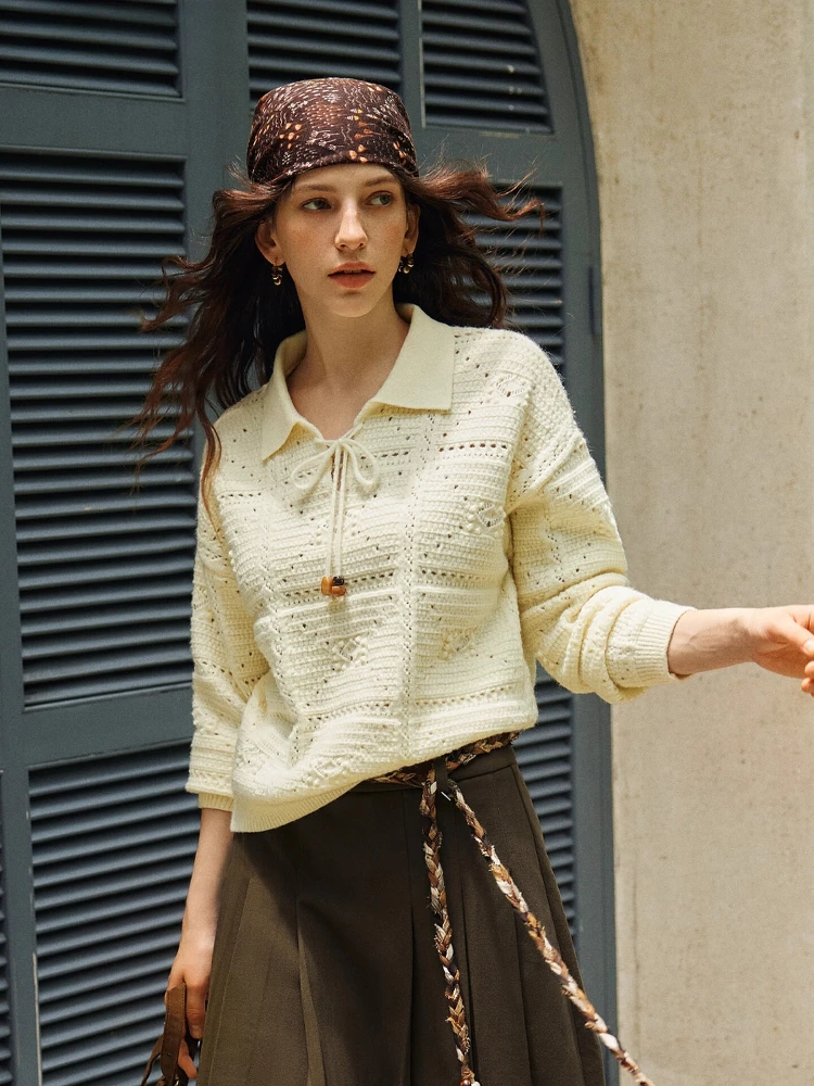 

OLrain Women's French Sweaters Polo Collar Lace Up Pullovers 2025 Autumn Winter Loose Elegant Tops Female Clothing O57DZ002020