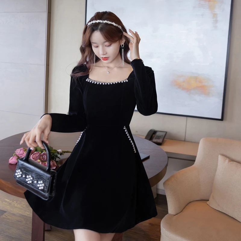 

Coigarsam Women Dress 2024 Office Lady Patchwork Solid Long Sleeve O-Neck High Waist Diamonds Black Dresses