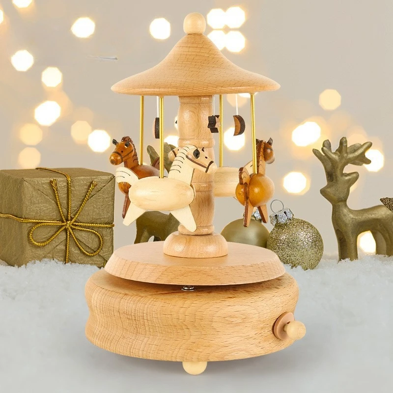 Wooden Carousel Music Box Ornaments Rotatable Hand-cranked Music Box DIY Handmade Birthday Christmas Gift Children’s Toys