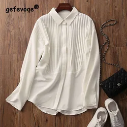 Fashion POLO Collar Pleated Patchwork Women's Clothing Spring New White All-match Tops 2023 Women Casual Loose Chiffon Shirt