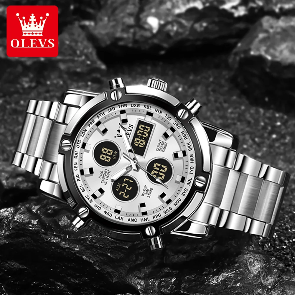 OLEVS New Dual Display Men Watches Luxury Sport Waterproof Quartz Electronic Watch For Men Fashion Steel Luminous Chronograph