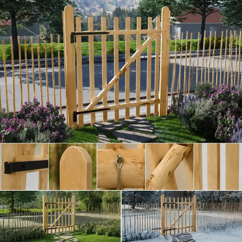 Portail de clôture à une seule aile en bois de noyer résistant, dimensions 100×120 cm, structure stable avec lattes et traverses. Charnières métalliques, vis et crochets inclus, résistants aux intempéries et faciles à assembler ; le bois naturel peut légèrement varier.