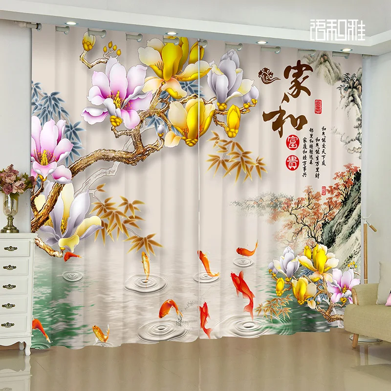 2 Panel Luxury Curtains Magnolia Flowers Koi Fish Bird Lucky Curtains for Bedroom Living Room Kitchen Window Blinds cortinas