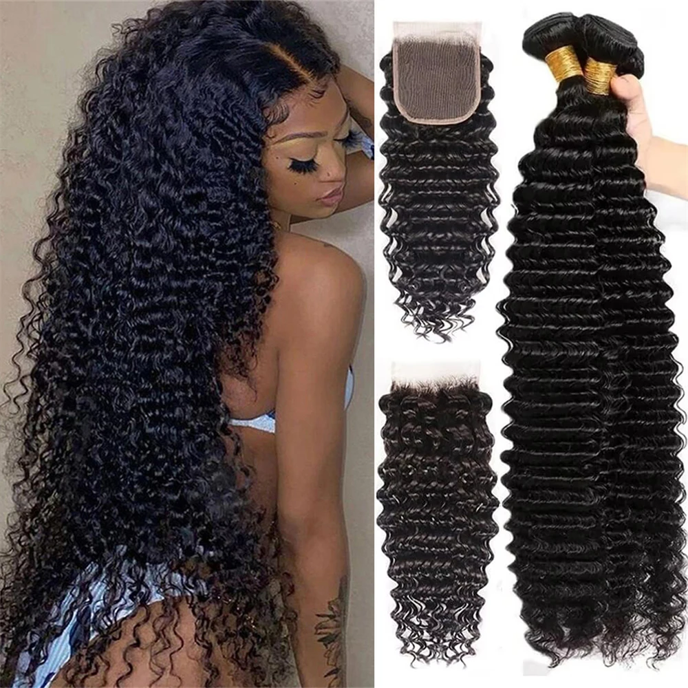 

Набор из 3 пучков вьющихся волос Deep Wave 32 дюйма, 100% натуральные человеческие волосы, с заколкой, вьетнамские, для наращивания