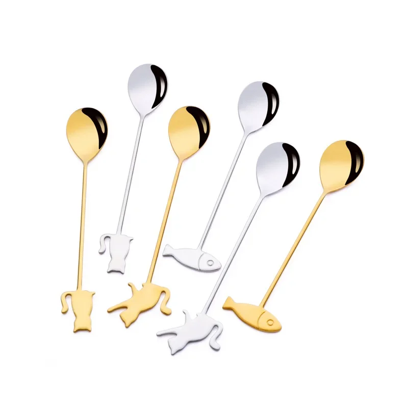 1~6Pcs Creative 304 Stainless Steel Coffee Stirring Spoon Cute Cat Fish Hanging Cup Teaspoon Fruit Dessert Fork Milk Coffe Spoon