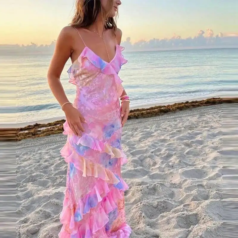

New Women's V Neck Ruffled Slim Long Dress Fashion Sleeveless Floral Print Suspender Dress Casual Backless Summer Beach Dresses