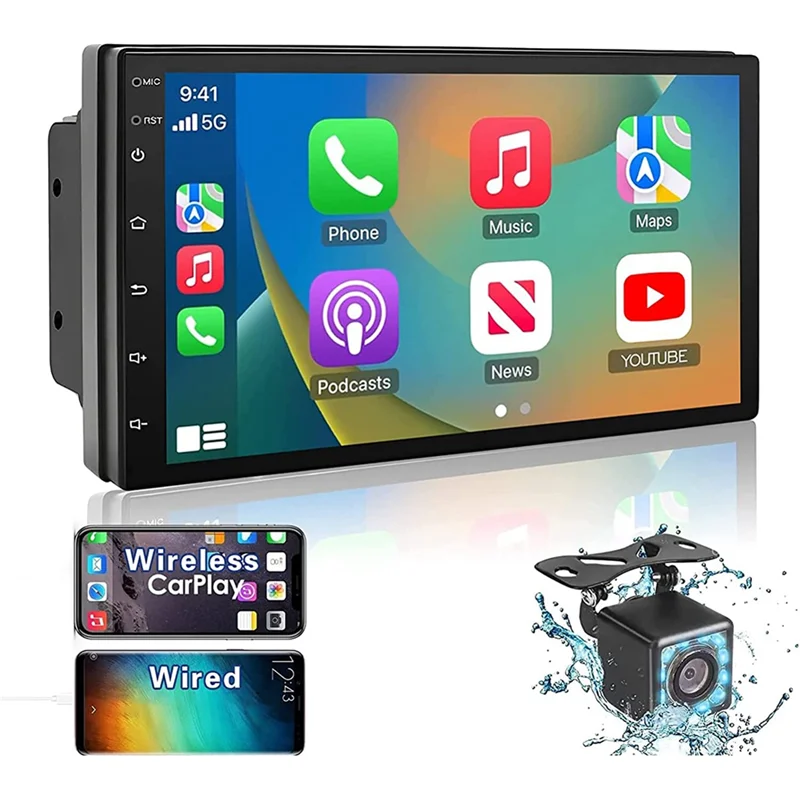 Double Din Car Stereo Carplay Android Auto, 2+32G 7 Inch Touchscreen Radio,Bluetooth,FM Receiver,Camera,Mirror Link,GPS