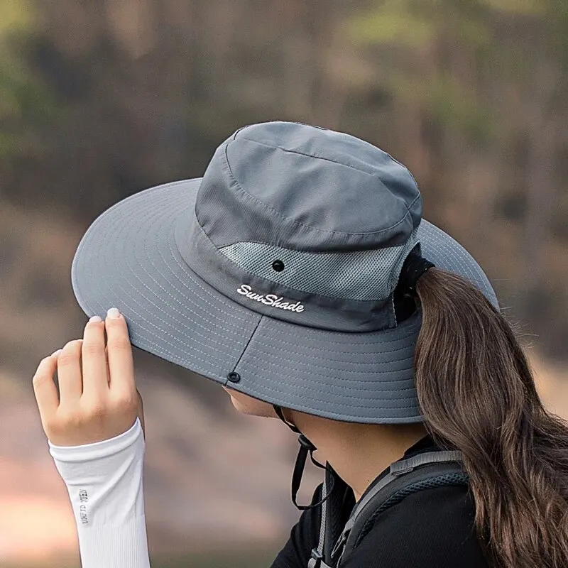 Xinbaoguan 100% Polyester 9002 Summer Outdoor Sun Hat, Breathable Sun Hat, Folding Sun Hat, Female Ponytail Hole Fisherman Hat