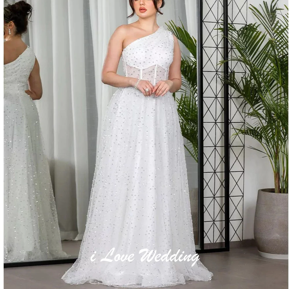 

Customized One Shoulder Tulle Beading Sequins A-line Formal Evening Dress Backless Floor Length Saudi Dress with Court