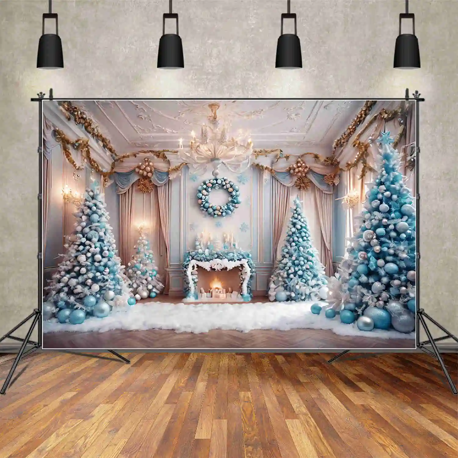 

MOON.QG Christmas Tree 2025 Backdrops Interior Fireplace New Year Blue Living Room Background Party Decoration Photo Shoot Props