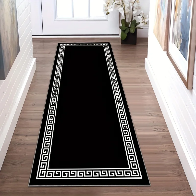 High-End Black White Greek Key Long Floor Mat, Elegant Geometric Border Print Non-Slip Durable Runner Rug for Entryway Hallway