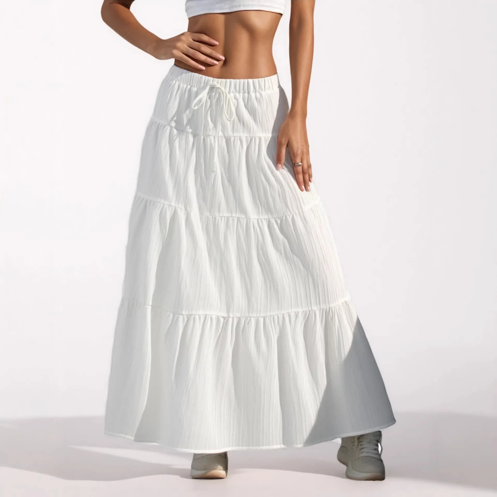 Elegant White Loose Midi Skirt Women's New Arrival 2025 Half-length Skirt with Belt Large Flounce Skirt Cute Style Polyester ...