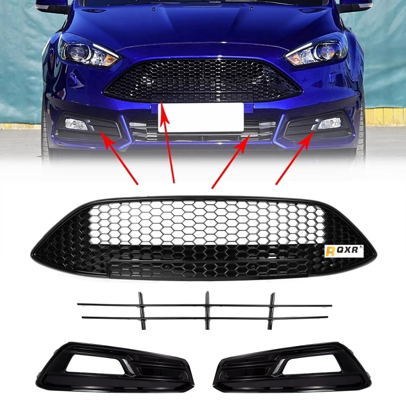 Gloss Black Top Grille Bottom Grill Fog Lamp Frame for Ford Focus 15-18 Modified ST Style Bumper Net Mask Car Kit Accessories