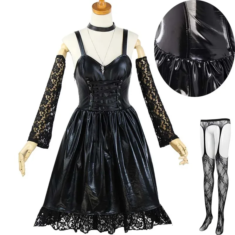 

MisaMisa Cosplay Costume DEATH NOT Women Goth Dress With Stockings Garters Choker Gothic Misa Amane Leather Dress for Halloween
