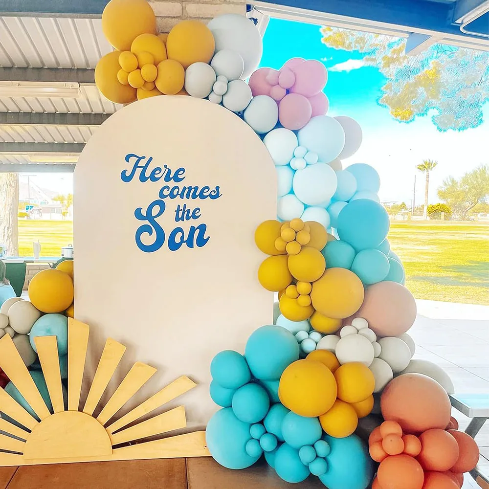 169 Pieces Here Comes the Son Balloon Arch Garland Set Lemon Yellow Orange Blue Sand White Balloon and Sun Aluminum Foil Balloon Suitable for First