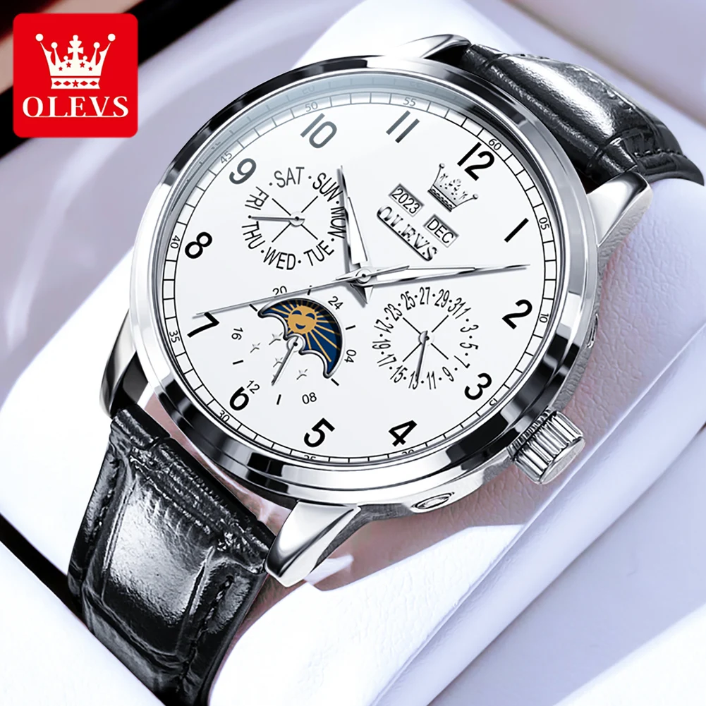 

OLEVS 6698 Mens Watch Waterproof Mechanical Watch Leather Strap Week Date Moon Phase Watches For Man Original Luxury Gifts Reloj