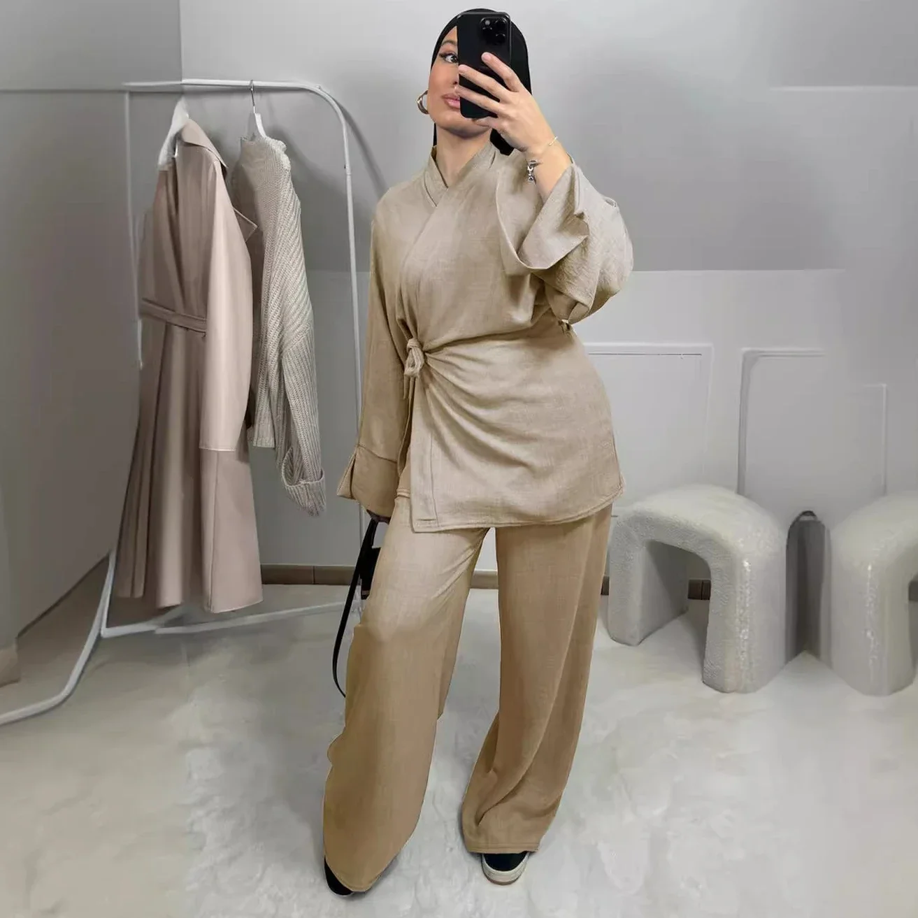 Muslim Women Clothing 2 Pieces Set Turkey Dubai Lace-up Abaya Kimono Top and Long Pants Sets Ramadan Eid Islamic Modest Outfits