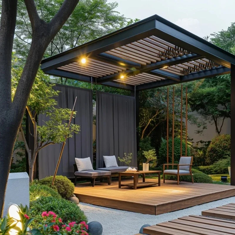 Aluminum Louver Bioclimatic Pergola Motorized Adjustable Roof Outdoor Pavilion Weatherproof LED Lights Remote Control Balcony