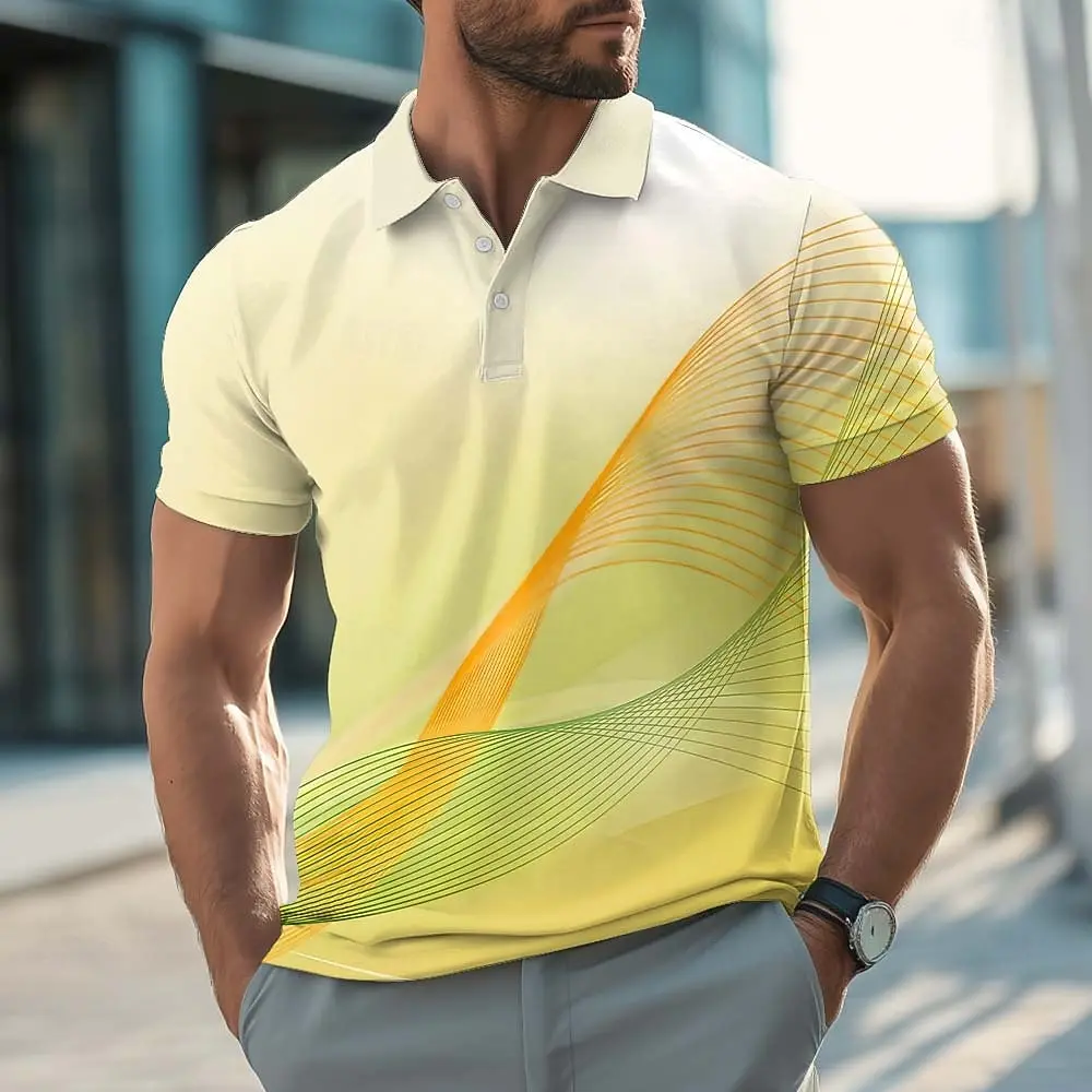 Men's Geometic Line Polo Shirts Short Sleeve Polo Shirts Collared Shirts Casual Athleisure Buttons Summer Blue Yellow Red Polo