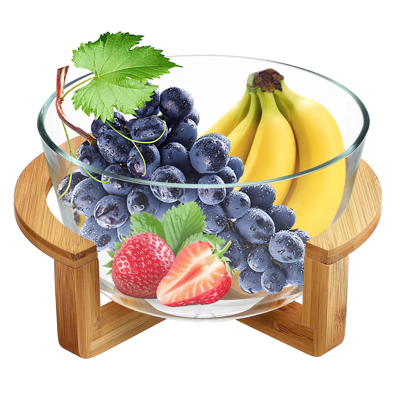 

1Set Heat Resistant Glass Salad Bowl with Wooden Base for Serving Fruit Dessert Snacks Versatile Mixing Food Container
